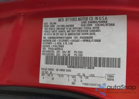 1998 Lincoln Town Car Signature from USA, damaged, VIN 1LNFM82W9WY718859